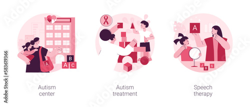 Kids with special needs help abstract concept vector illustration set. Autism treatment in learning disability center, speech therapy, development delay, behavior disorder analysis abstract metaphor.