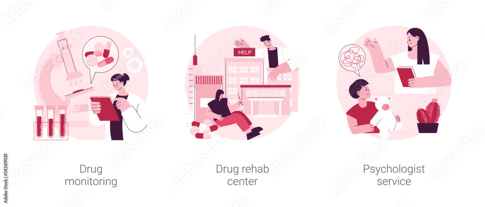 Fototapeta premium Abuse rehabilitation abstract concept vector illustration set. Drug monitoring, rehab center, psychologist service, primary healthcare, addiction therapy clinic, mental health abstract metaphor.