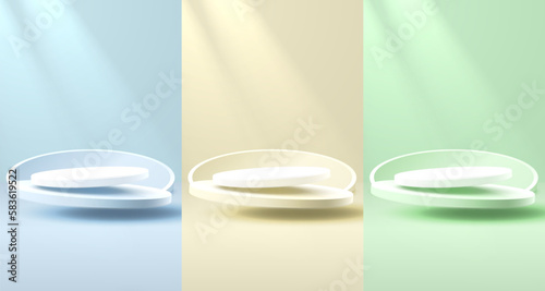 Stage podium with lighting, Stage Podium Scene with for Award, Decor element background, color set. Vector