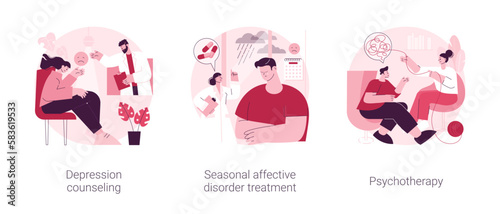 Mental health condition abstract concept vector illustration set. Depression counseling, seasonal affective disorder treatment, psychotherapy, behavioral cognitive therapy abstract metaphor.