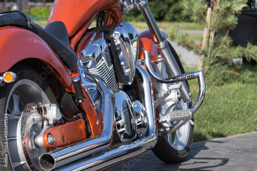 Motorcycle engine closeup. chrome engine parts. Shiny smooth details.