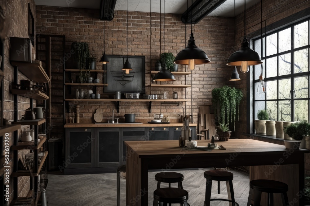 Interior design for a rustic industrial kitchen with a white brick wall. Generative AI