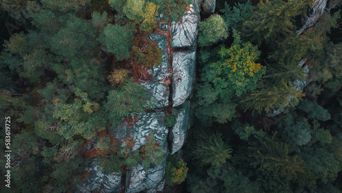 Top view of rocks in a forest in the saxon switzerland national park in Saxony, Germany