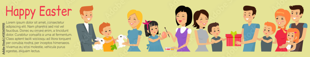Easter family holiday banner. Happy man, woman and child with painted eggs, rabbit and gifts at home. Religious people parents and kids together doing decorations for international spring holiday Easter family holiday banner. Happy man, woman and child with painted eggs, rabbit and gifts at home. Religious people parents and kids together doing decorations for international spring holiday