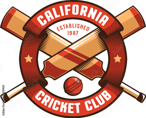 Cricket club retro emblem with bats ball and ribbon. vector illustration