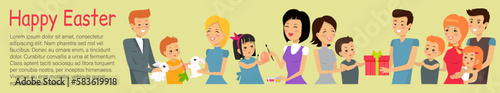 Easter family holiday banner. Happy man, woman and child with painted eggs, rabbit and gifts at home. Religious people parents and kids together doing decorations for international spring holiday