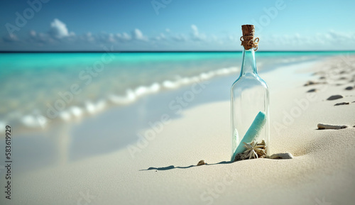 Bottle on sand beach over blurred tropical blue sea and clear blue sky, Generative Ai