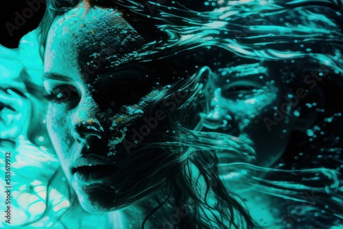 Close-up woman in underwater with blue background. Fictional person created with Generative AI