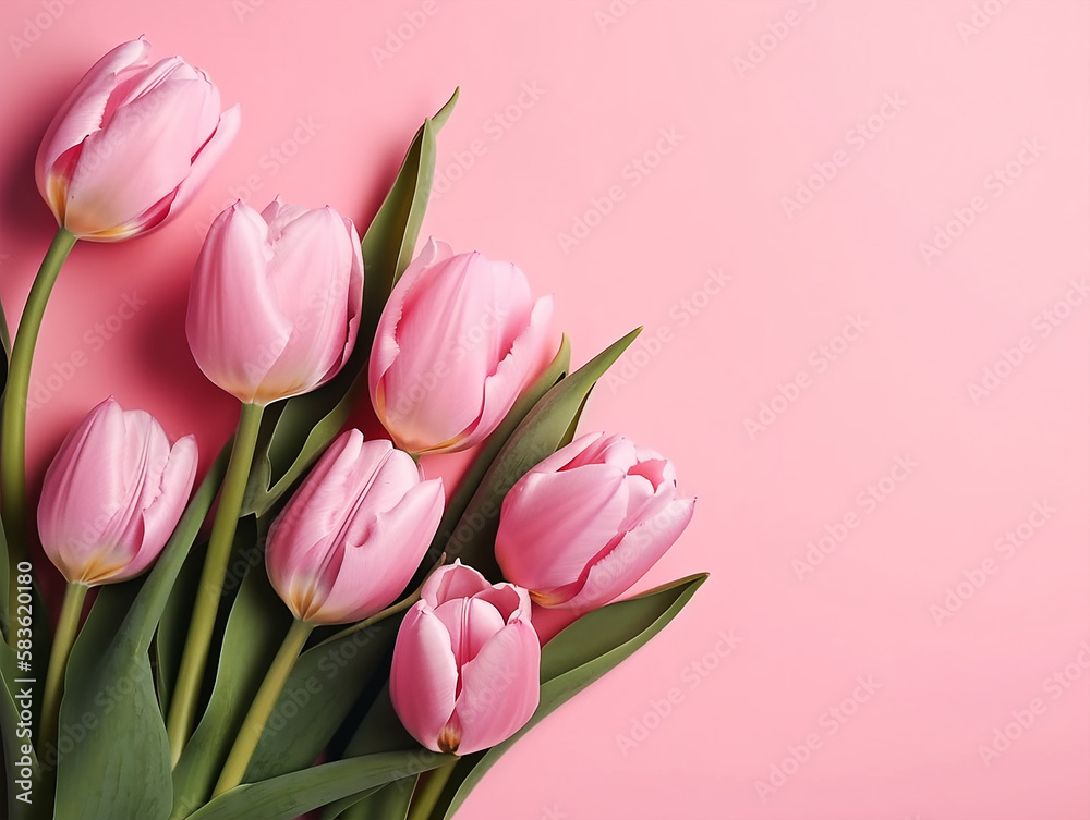 Tulips flower on pink background with beautiful tulips for Mother's Day.Generative Ai Tulips flower on pink background with beautiful tulips for Mother's Day.Generative Ai