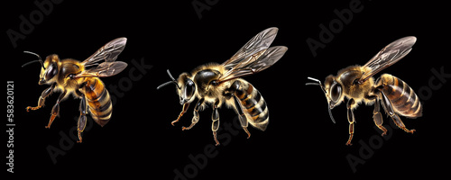 Bee flying on black background.Generative Ai