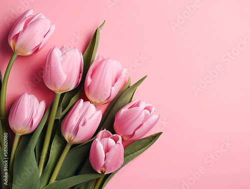 Tulips flower on pink background with beautiful tulips for Mother's Day.Generative Ai
