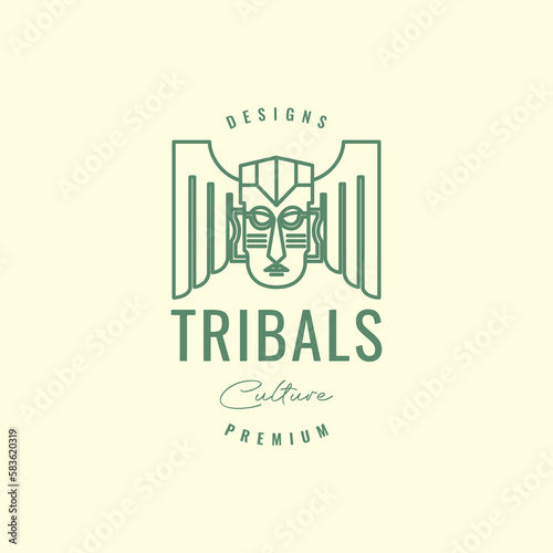 culture tribe ethnic mask wood wings traditional line art hipster logo design vector