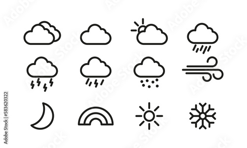 Weather set icon. Cloud, sun, rain, hail, thunderstorm, snow, frost, wind, hurricane, moon, rainbow, winter. Sky concept. Vector line icon for Business and Advertising