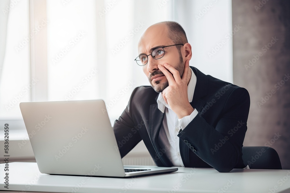 Frustrated businessman sitting at the desk with laptop and thinking about future Frustrated businessman sitting at the desk with laptop and thinking about future