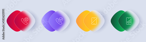 Basic phone functions set icon. Calls, missed, silent mode, internet, connection, network, correspondence. Handset concept. Glassmorphism style. Vector line icon for Business and Advertising