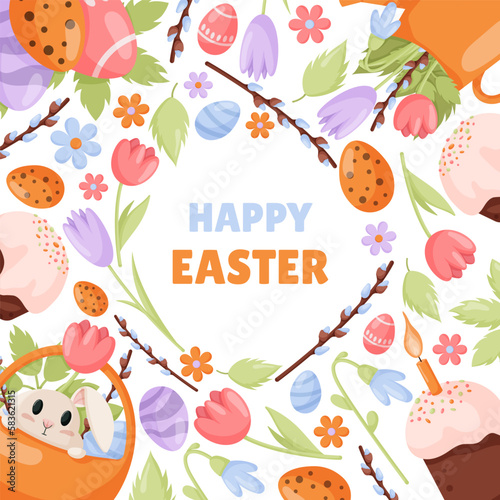 Happy easter frame, banner, poster, greeting card. Trendy Easter design with bunnies, flowers, eggs, willow pussy. Vector cartoon design isolated on white background.