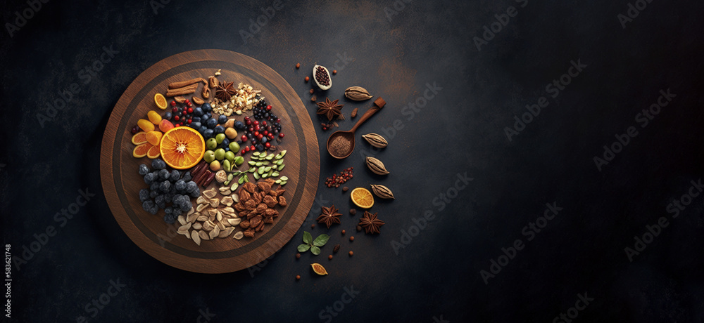 Dry Fruits And Nuts  Served In Wooden Tray  With Copy Space on Right | Generative Art 