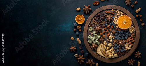 Assorted Nuts and Dry Fruits Served In Wooden Tray With Copy Space On left   Generative Art 