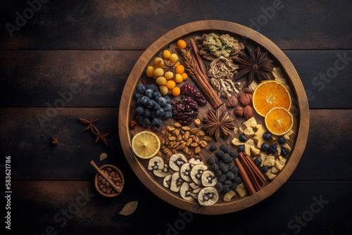 Assorted Nuts and Dry Fruits Served In Wooden Tray | Generative Art 