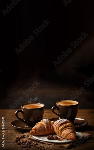 Coffee With Croissants For Two For Breakfast Placed On Table with Dark Background and Copy Space on Top | Generative Art 