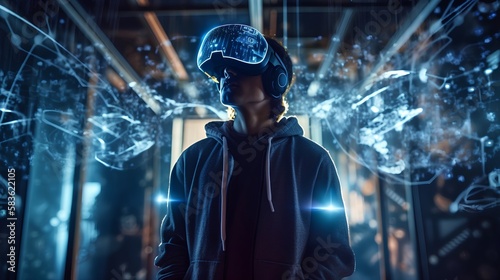 User immersed in augmented reality environment wearing a VR headset, seamlessly blending digital elements with physical world, experiencing innovative gaming and learning opportunities. Generative AI photo