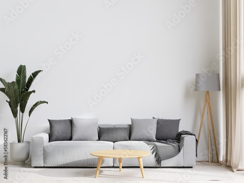 big white living room.interior design,graysofa,wooden table,carpet ,little tree,wall for mock up and copy space.