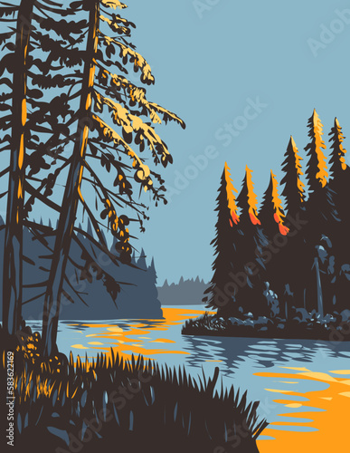 WPA poster art of Lake Waskesiu in Prince Albert National Park at dusk located in Saskatchewan, Canada done in works project administration or federal art project style.
 photo