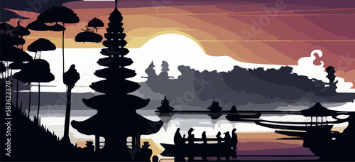 sunset at Pura Ulun Danu Bratan temple in Bali print vector
