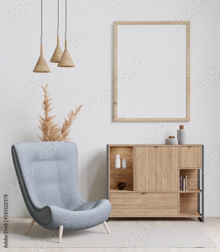 big white living room.interior design,blue chair,wooden sideboard,lamp,carpet,frame for mock up and copy space.