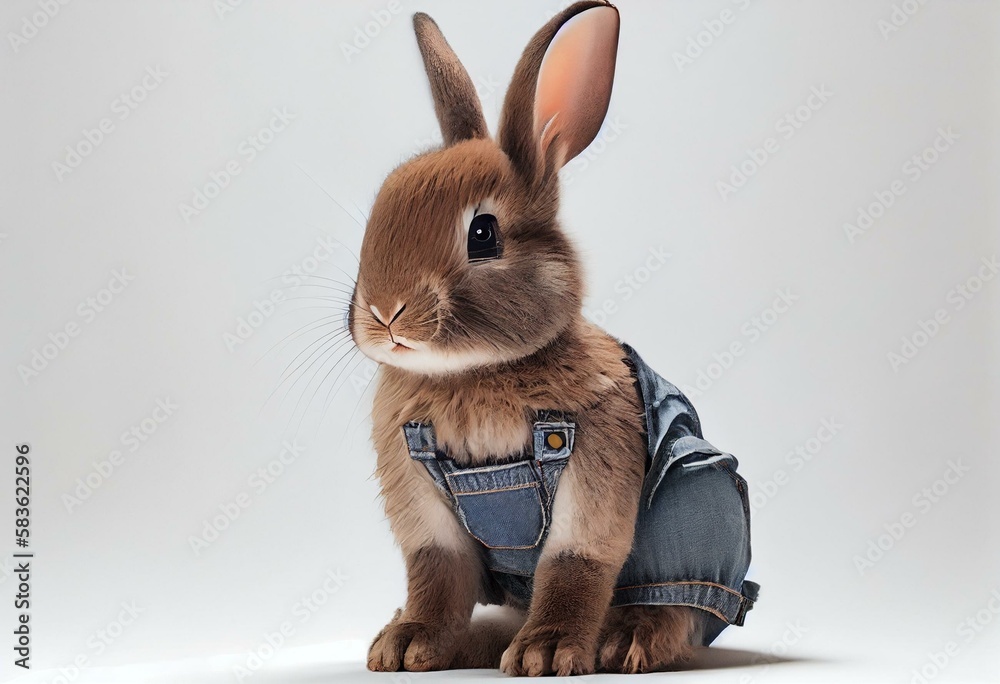 Adorable Easter bunny in denim overalls, standing on hind legs and