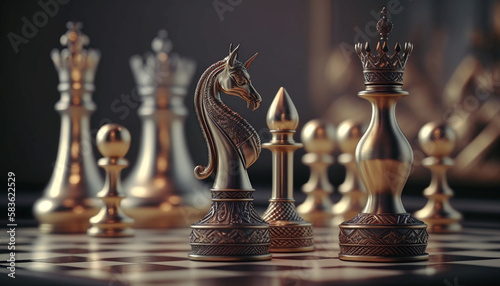 Chess piece on chessboard, competition success and strategy game play, design created with Generative Ai