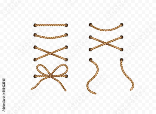 Rope set isolated on transparent background. Vector texture jute, shoe lace or cord with metallic holes. 3d realistic fiber strings.