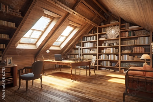 An example of a private home's attic level housing a library. interior decorating in the classical tradition. a mockup of natural wood bookshelves. Generative AI