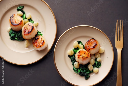Portion of delicate golden seared scallops on plate on dark background., created with generative ai