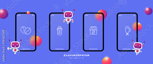 Cafe set icon. coffee beans, drink, coffee house, latte, cappuccino, americano, cup, glass, barista. Java concept. Glassmorphism. UI phone app screen. Vector line icon for Business and Advertising