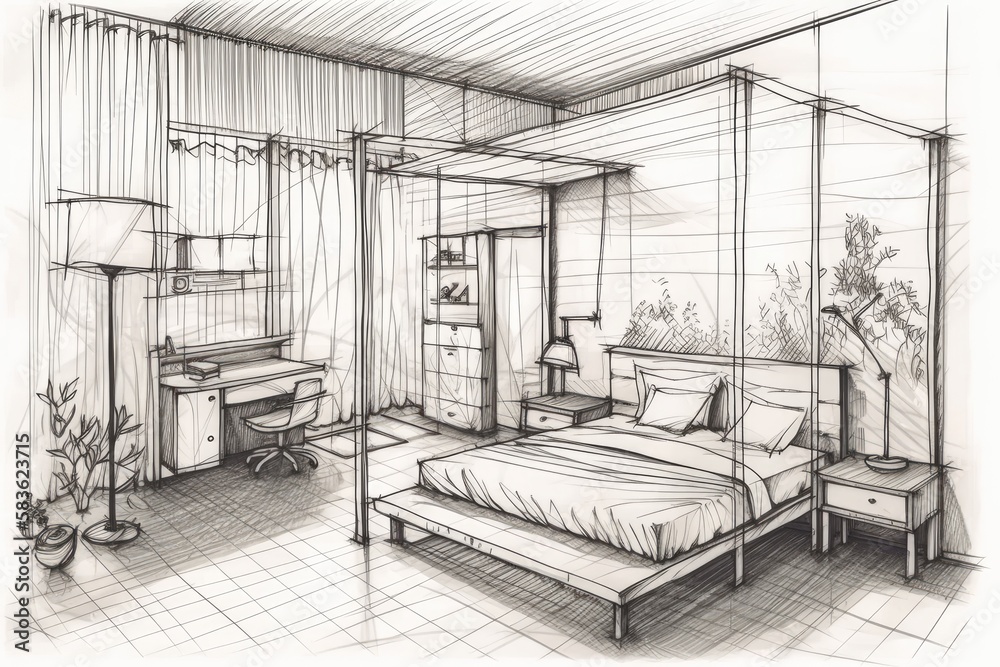 Hand Drawn Interior Sketch Home Design Bedroom Provence Style  Illustration 67476466  Megapixl