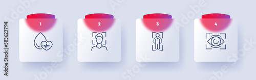 Biometric set icon. Pulse, cardiology, face ID, face recognition and eye authentication, protection. Verification concept. Glassmorphism style. Vector line icon for Business and Advertising