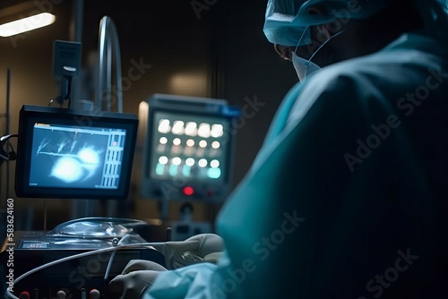 Surgeon performing operation in operating room, close-up view. Generative AI