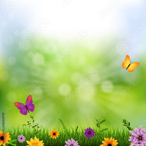 Green Nature Background With Grass And Flowers © barbaliss