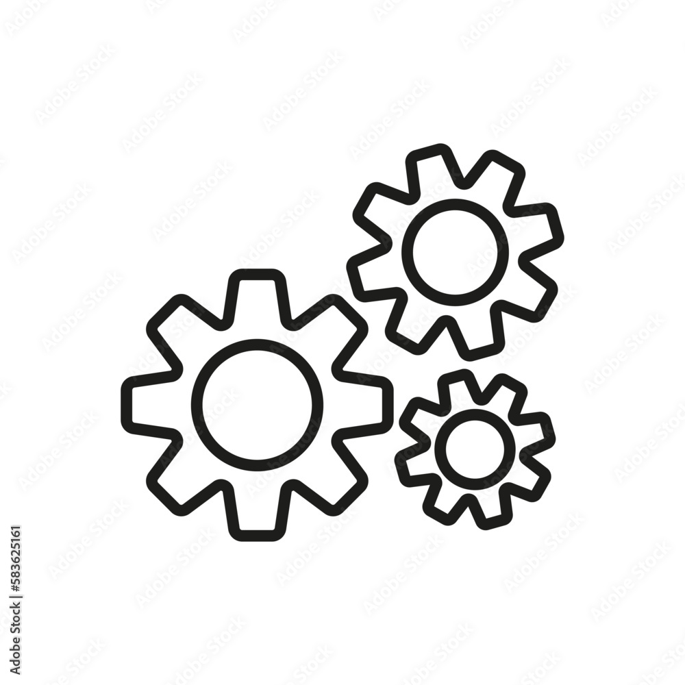 Three gear line icon. Repair things, setup, app development, worker, configurations. Installation Wizard, Download, Restore Options. Setting concept. Vector line icon for Business and Advertising