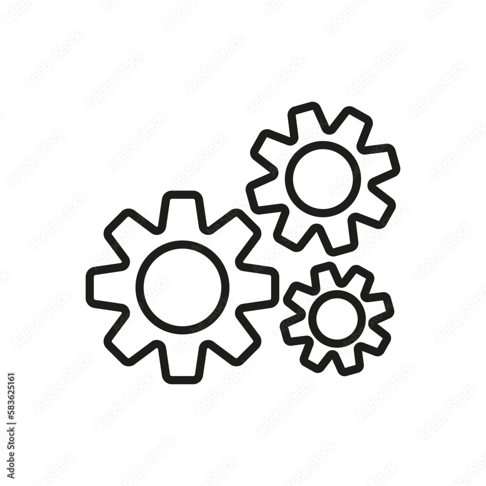 Three gear line icon. Repair things, setup, app development, worker, configurations. Installation Wizard, Download, Restore Options. Setting concept. Vector line icon for Business and Advertising Three gear line icon. Repair things, setup, app development, worker, configurations. Installation Wizard, Download, Restore Options. Setting concept. Vector line icon for Business and Advertising