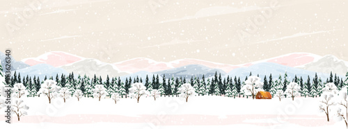 Winter forest landscape with Wood Barn,Fir Trees and Pines in Snowy day.Vector cartoon horizon coniferous forest with snow falling at night,Backdrop background banner for Christmas,New Year Decoration