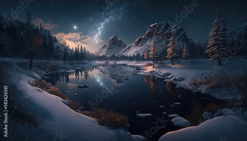 Night vast winter landscape art, valley with green pines,pond or lake, floating lights all around, nebula sky, wide angle lens, fine ultra-detailed. Generative AI illustration.
