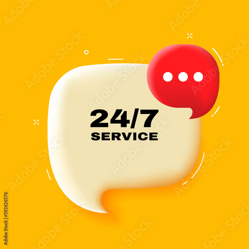 24 7 service. Speech bubble with 24 7 service text. 3d illustration. Pop art style. Vector line icon for Business and Advertising
