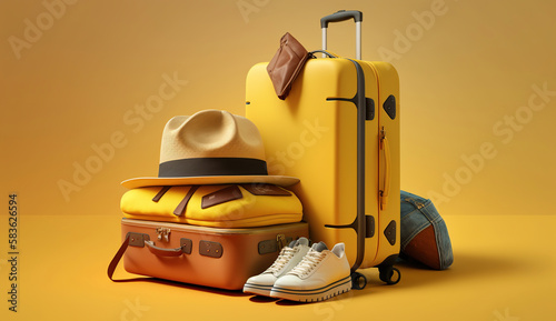 Packed suitcase on right place with belongings on yellow background, Generative Ai