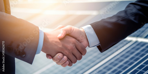 A handshake between two businesspeople against a background of solar panels, symbolizing agreements in the renewable energy industry. commitment to sustainable development,Generative AI