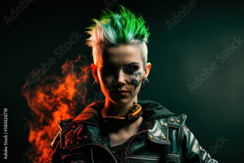 Portrait of a punk woman with black background. Fictional person created with Generative AI