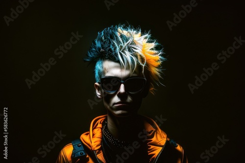 Portrait of a punk man with black background. Fictional person created with Generative AI