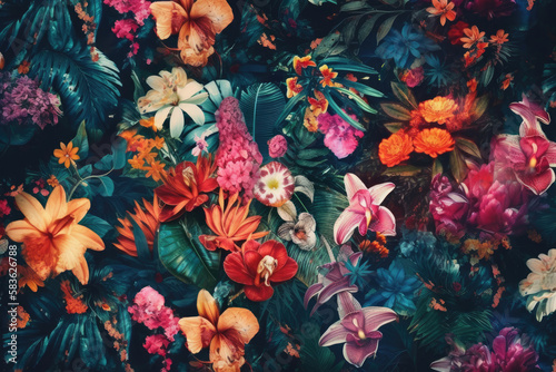beautiful fantasy summer vintage wallpaper all tropical botanical flowers bunch,vintage motif for floral print digital background.generative ai.