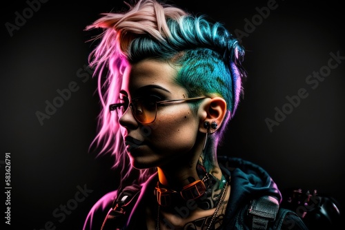 Portrait of a punk woman with black background. Fictional person created with Generative AI